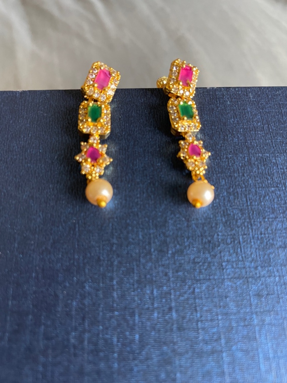 Gold-tone Pink & Green Gem Drop Earrings with Pearl Accent